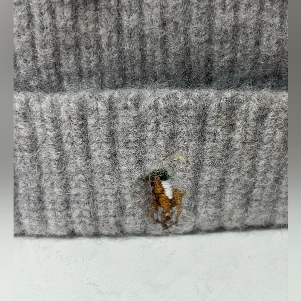 Polo Ralph Lauren 100% Merino Wool Gray Front Horse Logo Hat Beanie Winter Warm
